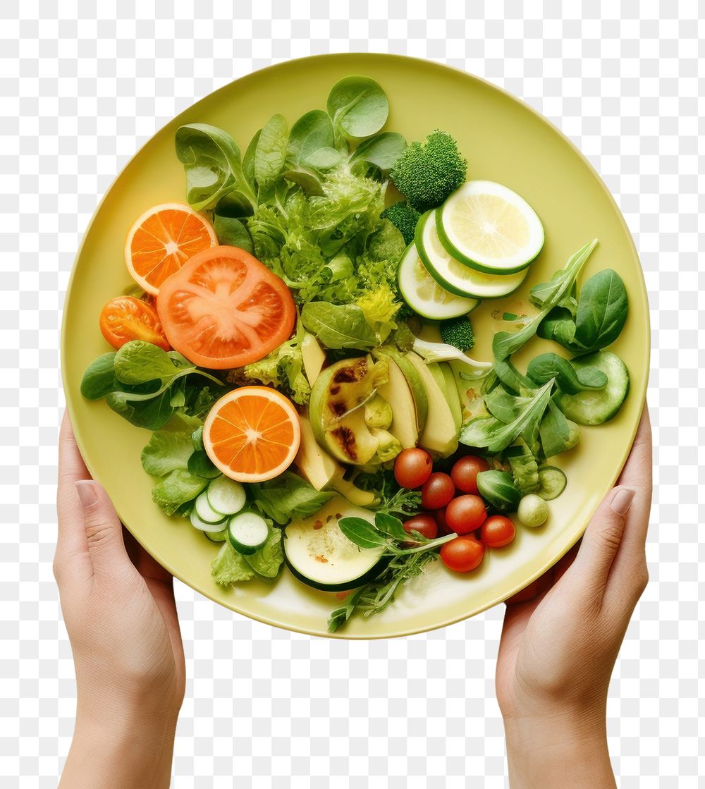 PNG Hands holding salad vegetable on plate food meal dish. AI generated Image by rawpixel.