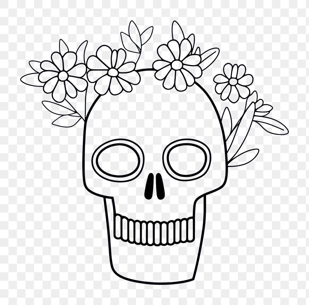 PNG Minimal illustration of skull with flowers drawing sketch doodle. AI generated Image by rawpixel.