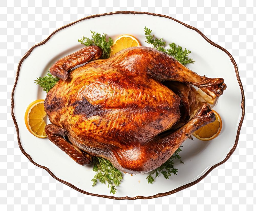 PNG A top view of a thanksgiving turkey on plate dinner meat food. AI generated Image by rawpixel.
