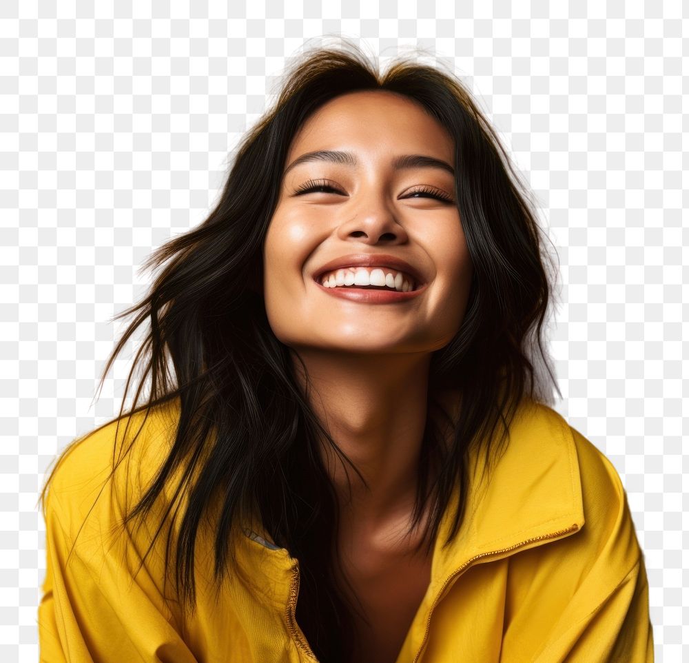 PNG Asian woman laughing smiling yellow. AI generated Image by rawpixel.