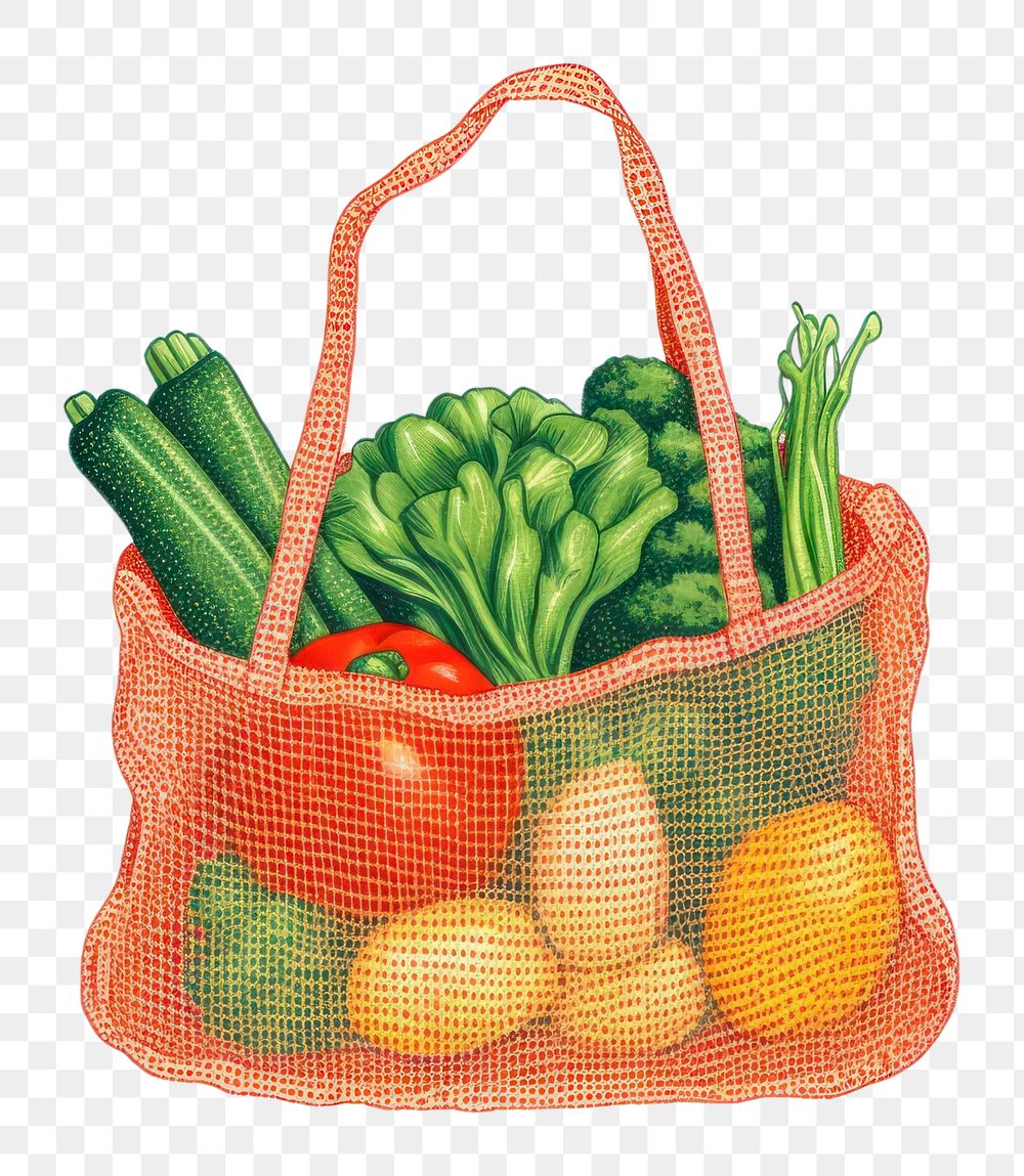 PNG Vegetables in mesh grocery bag handbag basket food