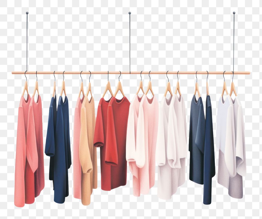 PNG Apparel hanging on hangers white background clothesline arrangement. AI generated Image by rawpixel.
