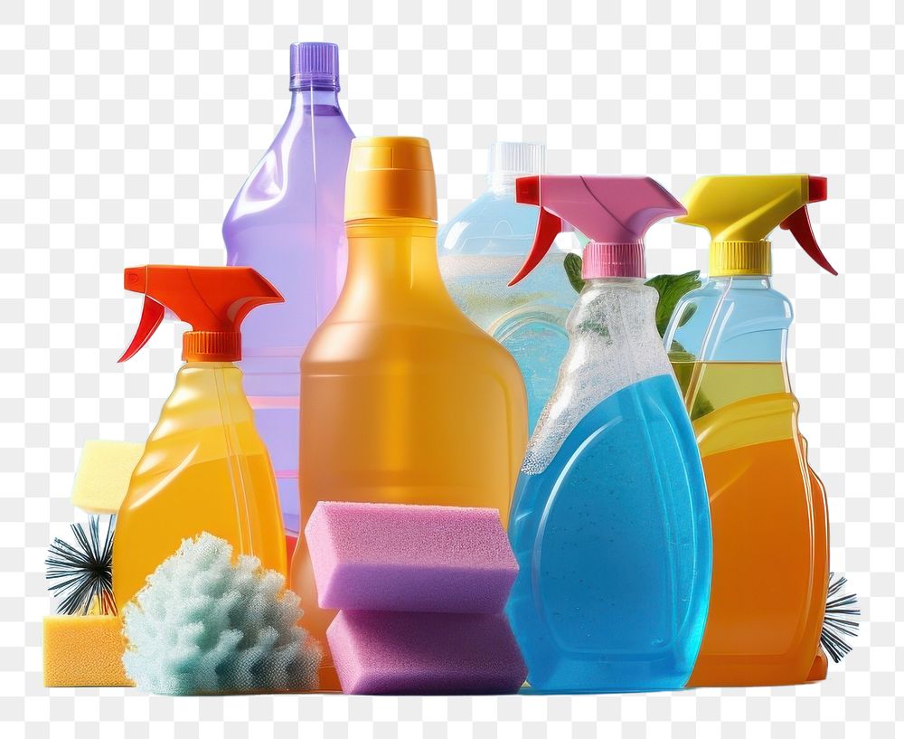 PNG Cleaning supplies plastic bottle copy space. AI generated Image by rawpixel.