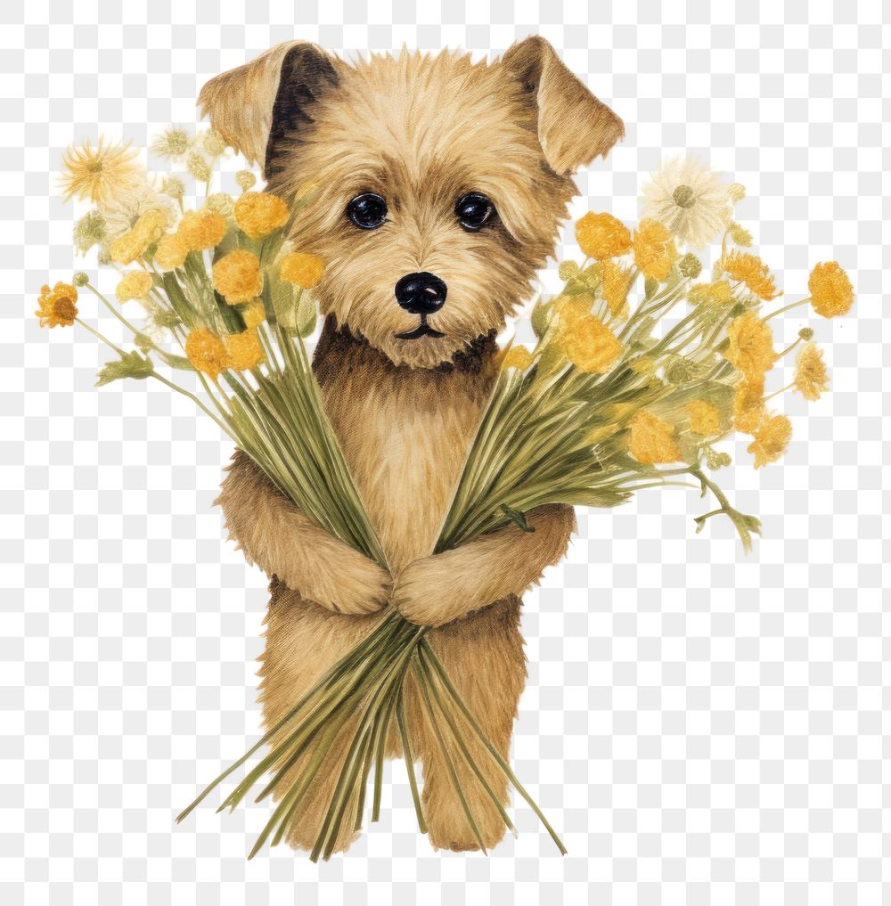 PNG  Dog holding a bunch of flowers terrier mammal animal. AI generated Image by rawpixel.