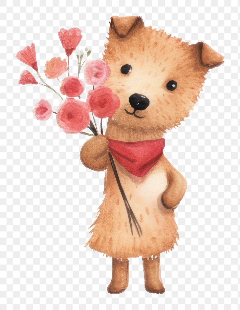 PNG  Dog holding a bunch of flowers cute toy white background. AI generated Image by rawpixel.