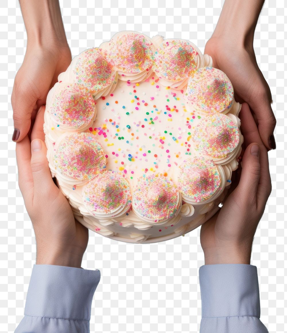 PNG  Hands holding birthday cake dessert icing food. AI generated Image by rawpixel.