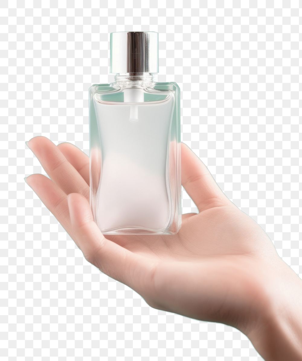 PNG Perfume bottle with lable cosmetics holding hand. AI generated Image by rawpixel.