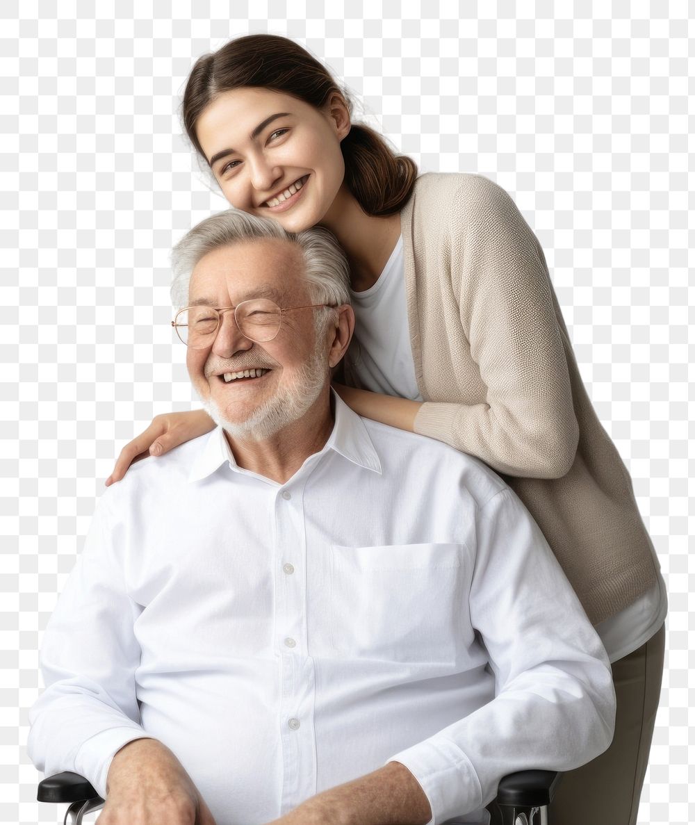 PNG  Caring female doctor embracing helping happy senior male disabled patient smiling adult care. AI generated Image by…
