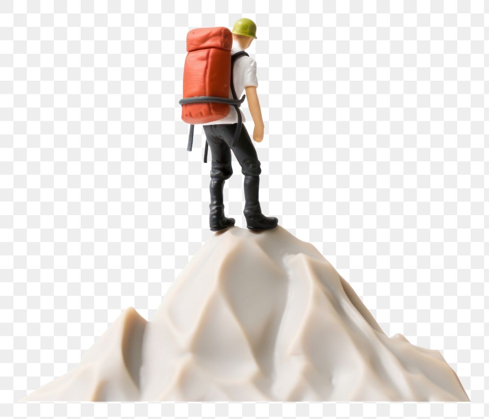 PNG Backpacker backview on top of the mountain figurine white background standing. AI generated Image by rawpixel.
