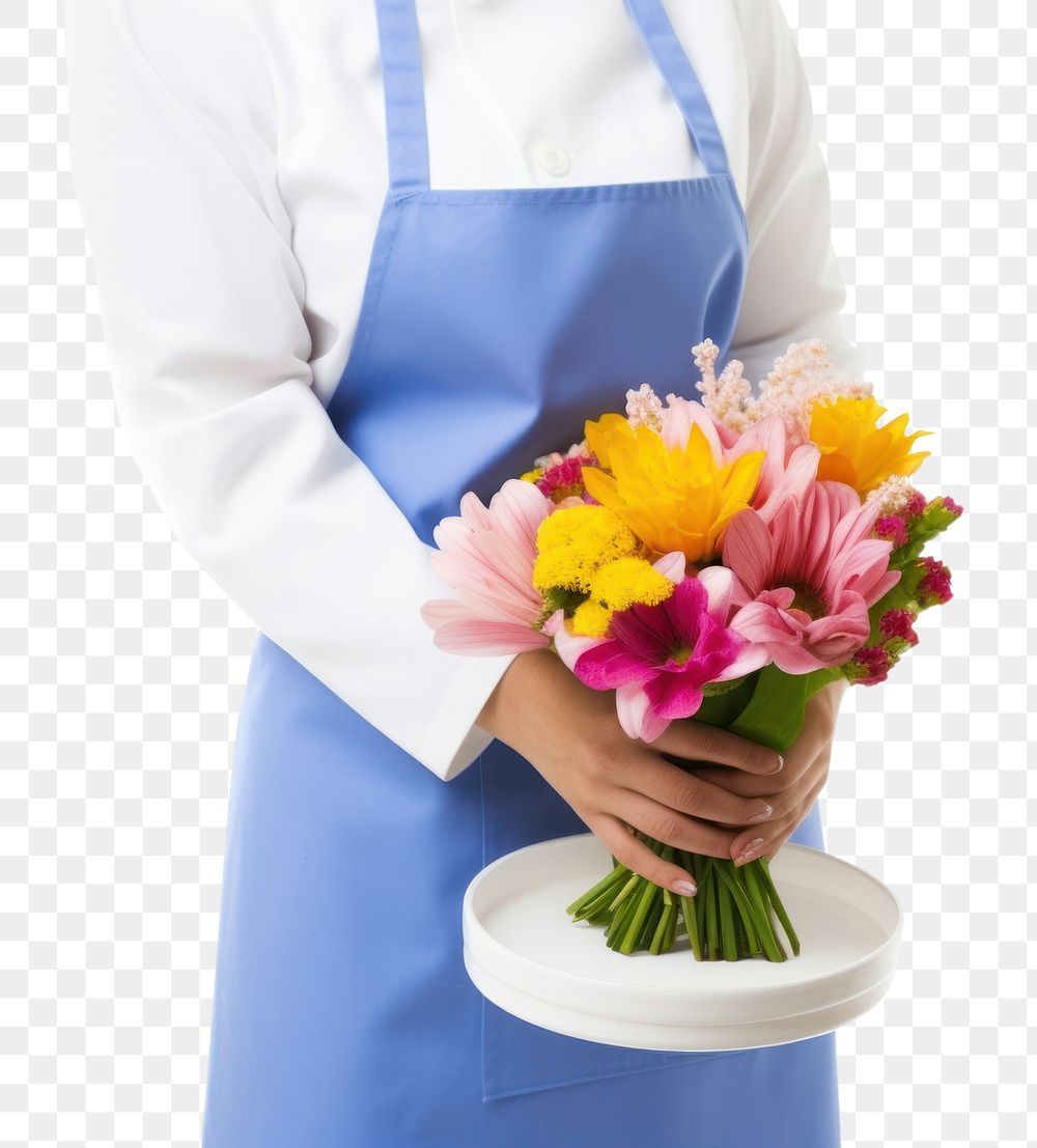 PNG Female wearing apron holding a flowers female plant adult. AI generated Image by rawpixel.