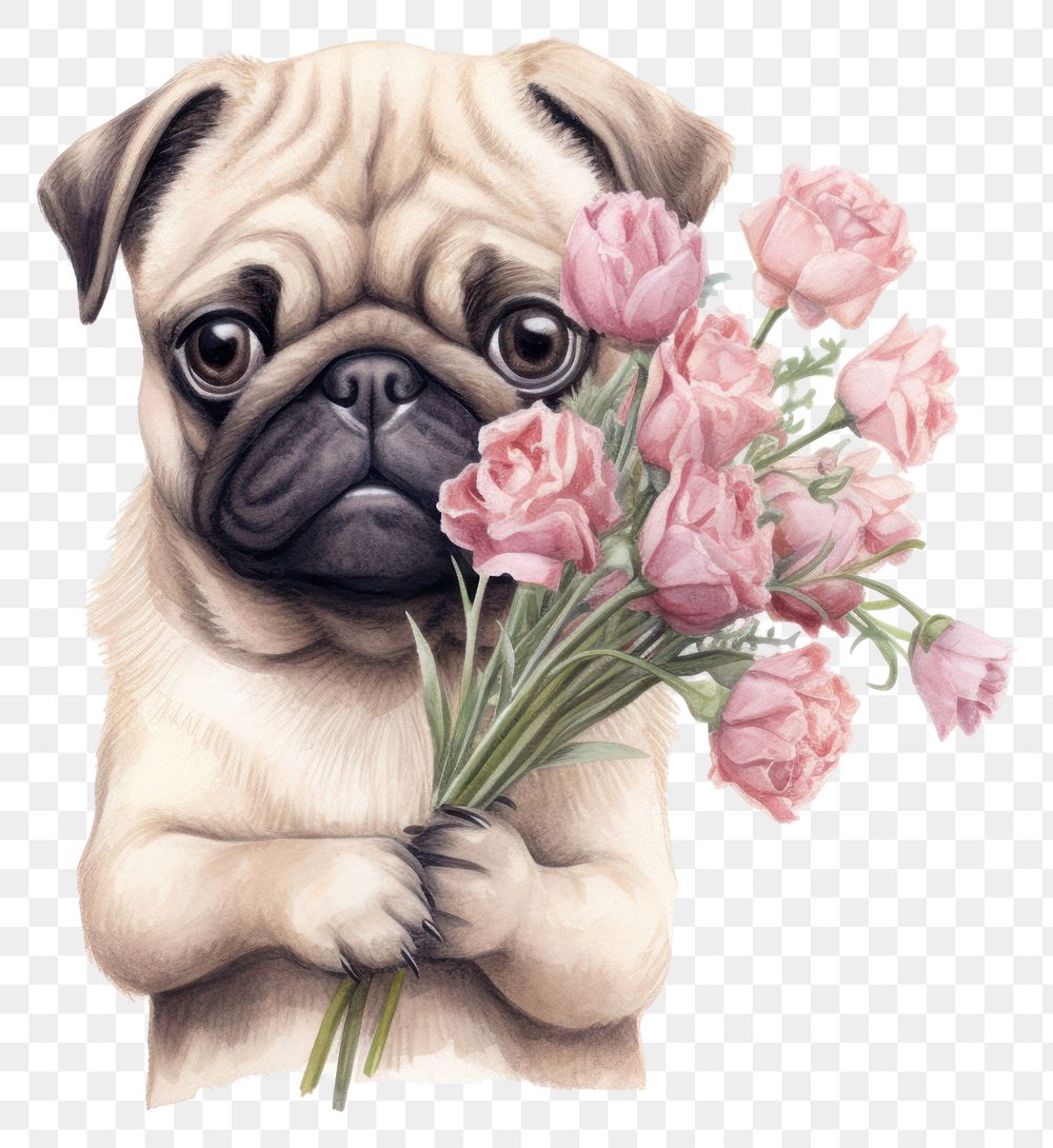 PNG  Pug holding flowers animal mammal plant. AI generated Image by rawpixel.
