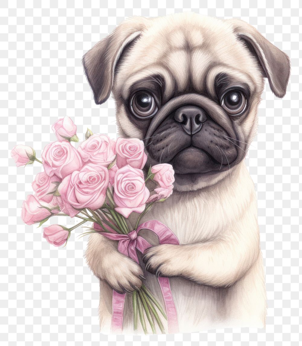 PNG  Pug holding flowers mammal animal plant. AI generated Image by rawpixel.