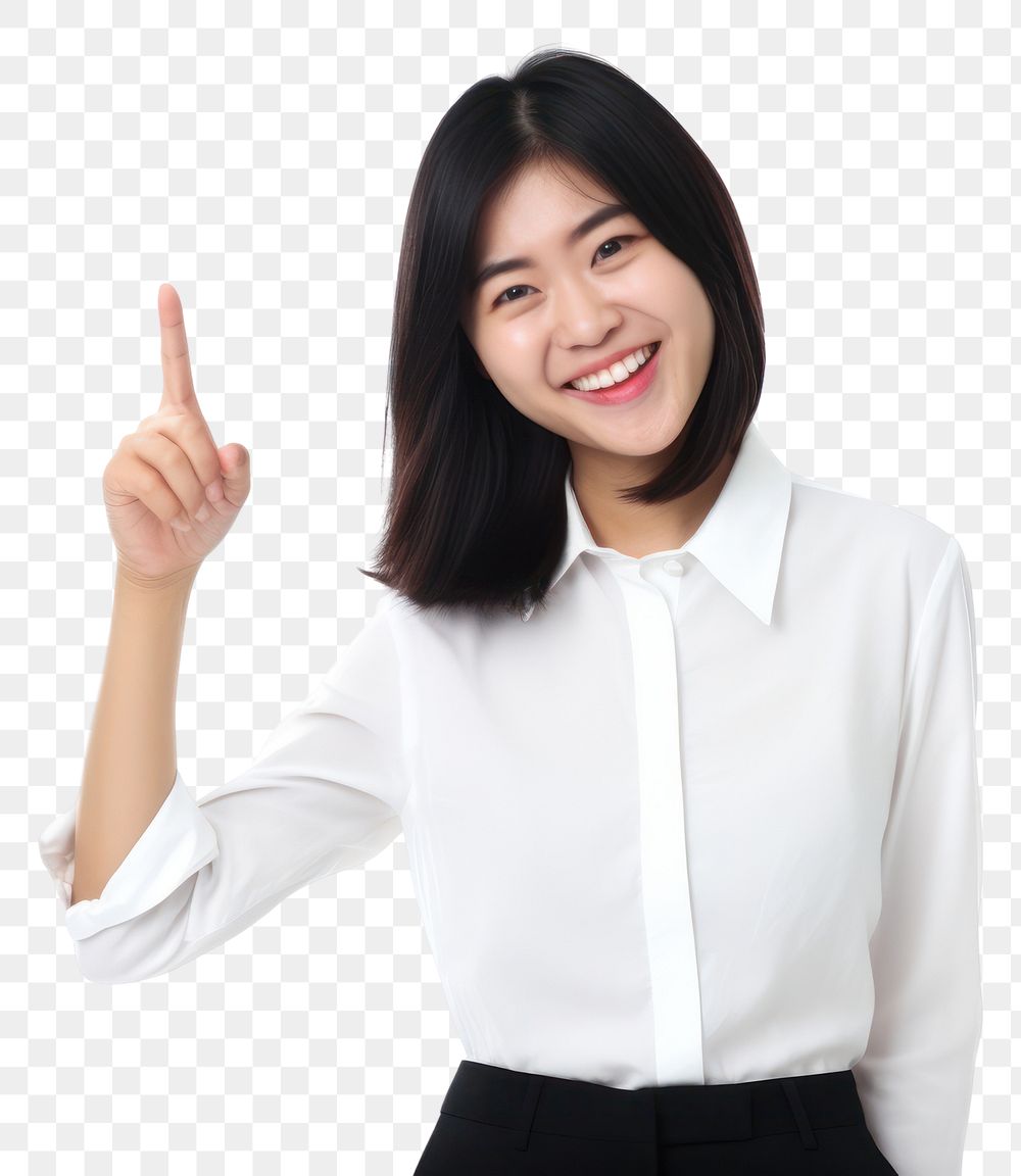 PNG Woman smilling with a good attitude pose finger blouse smile. AI generated Image by rawpixel.