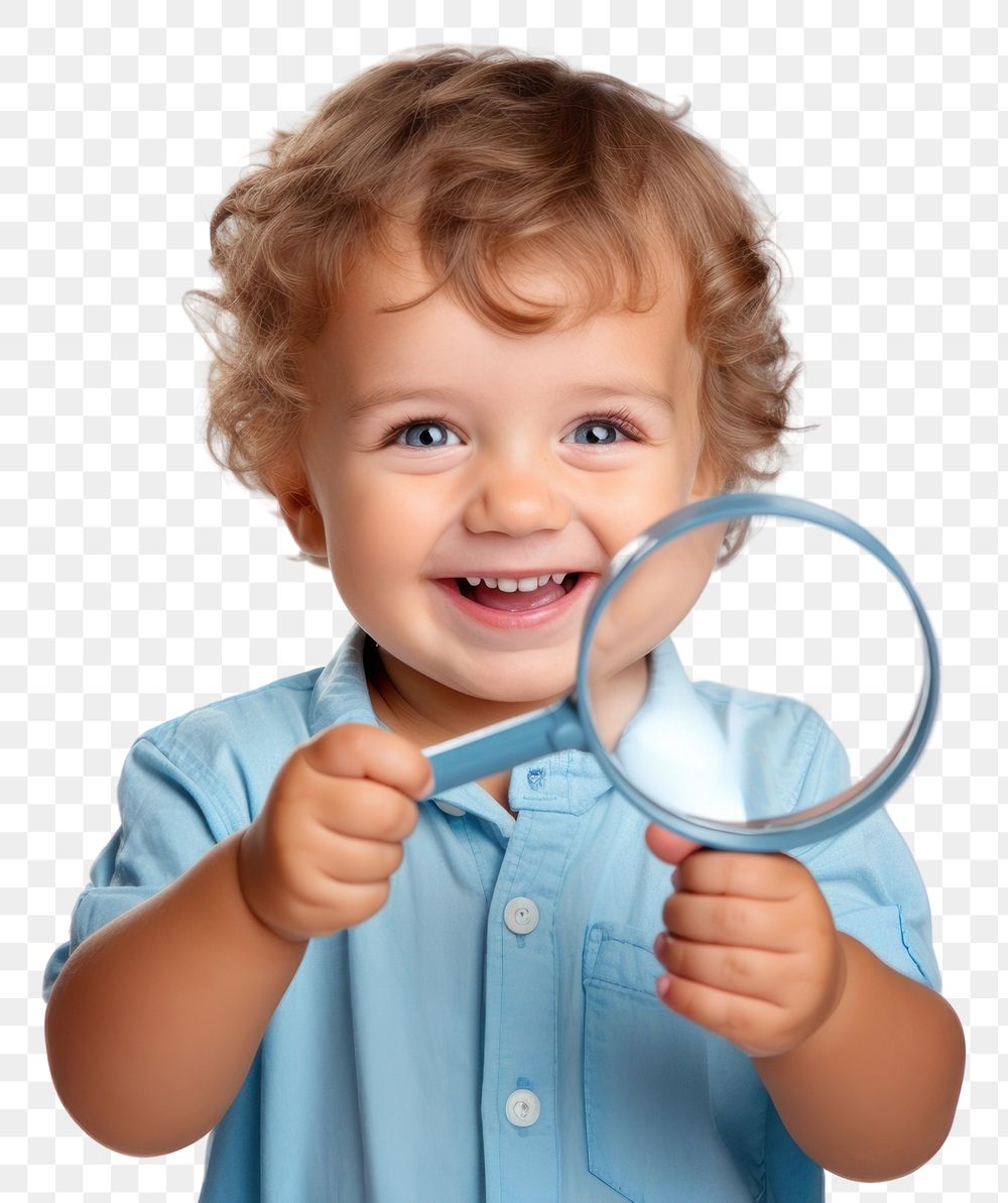 PNG Man in blue T-shirt holding magnifying glass portrait smile photo. AI generated Image by rawpixel.