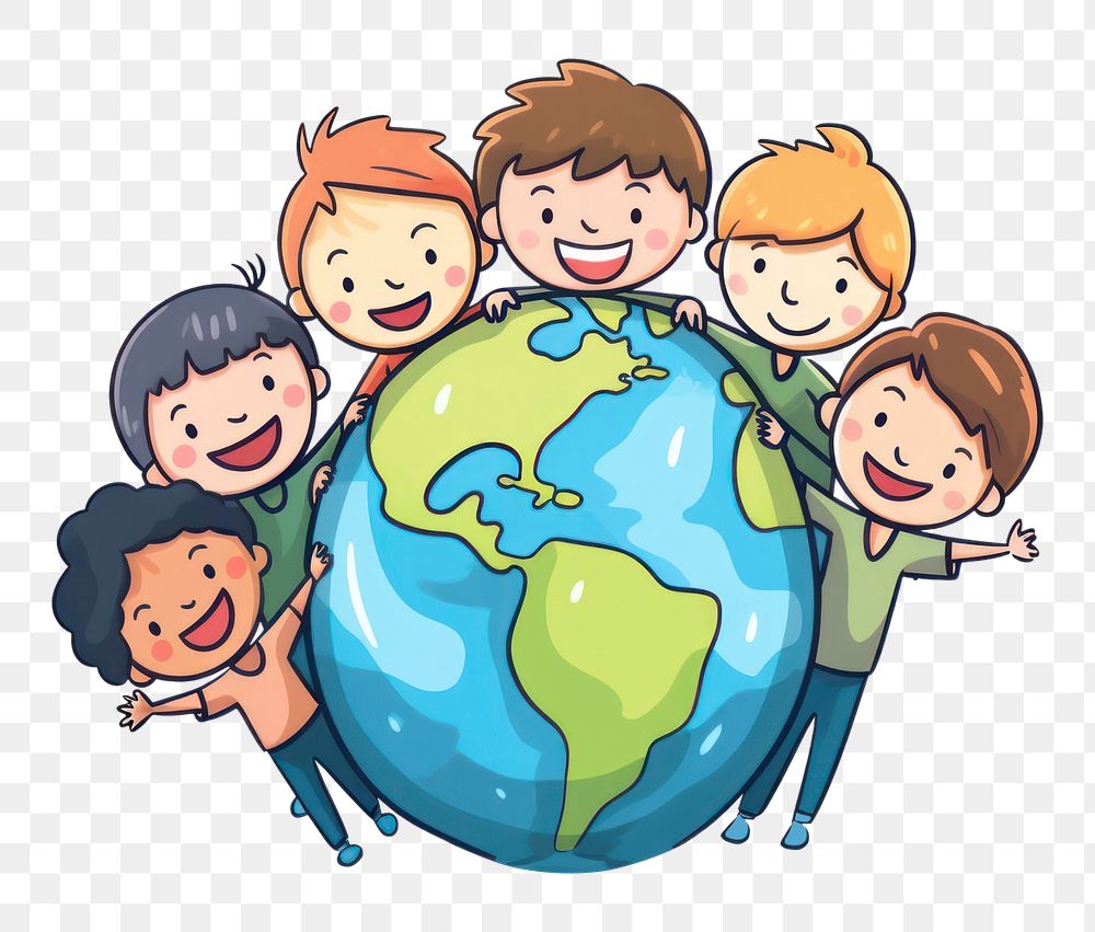 PNG People hugging earth cartoon planet globe. AI generated Image by rawpixel.