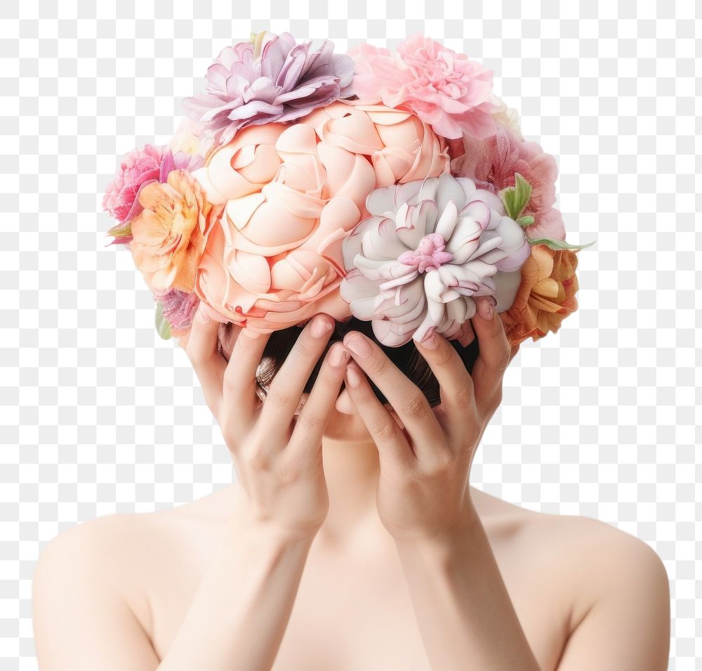 PNG Hands holding paper head with human brain with flowers photography portrait adult. AI generated Image by rawpixel.