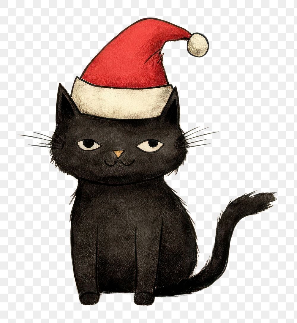 PNG  Black cat wearing santa hat drawing mammal animal. AI generated Image by rawpixel.