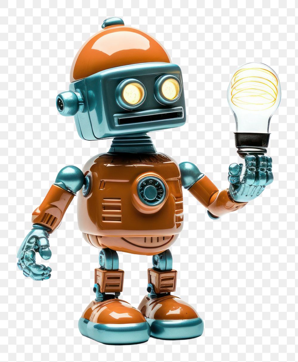 PNG  Retro robot toy white background light bulb technology. AI generated Image by rawpixel.