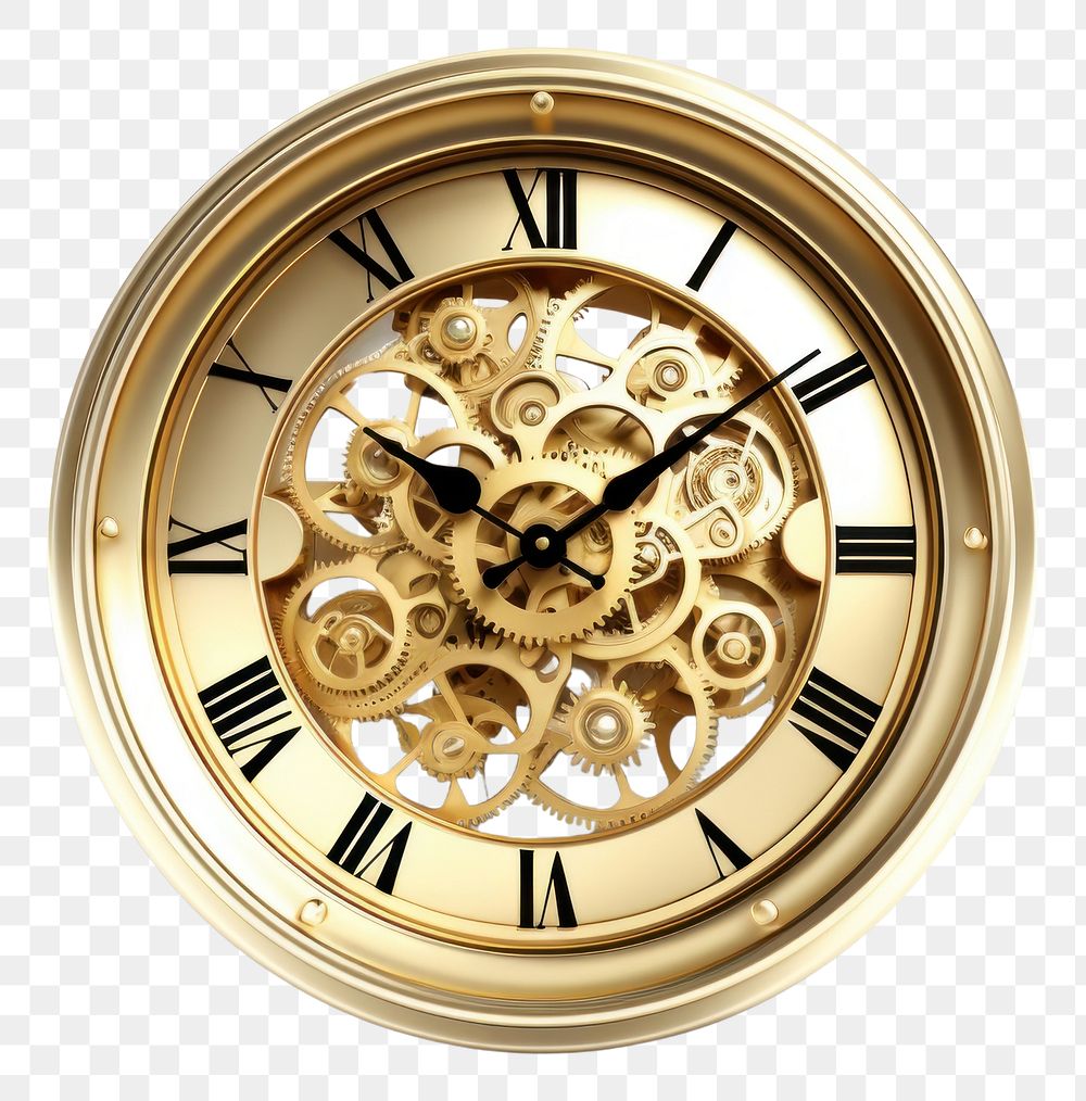 PNG  Gold clock white background clockworks accuracy. AI generated Image by rawpixel.