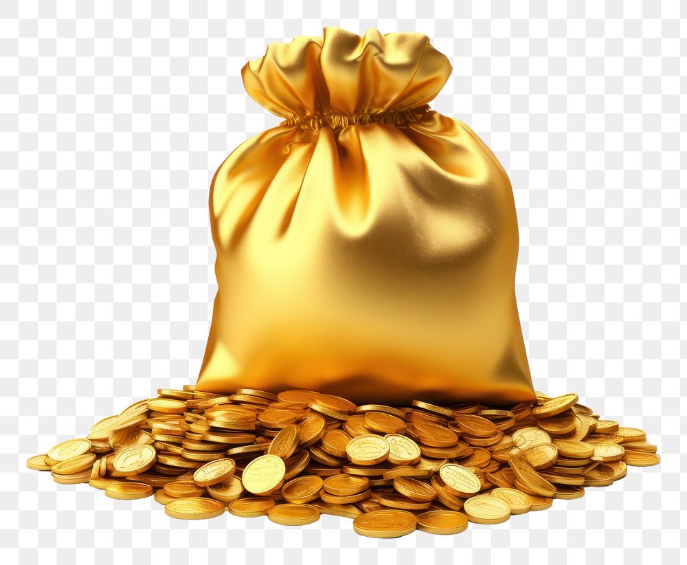 PNG  Gold bag of coins white background investment currency. AI generated Image by rawpixel.