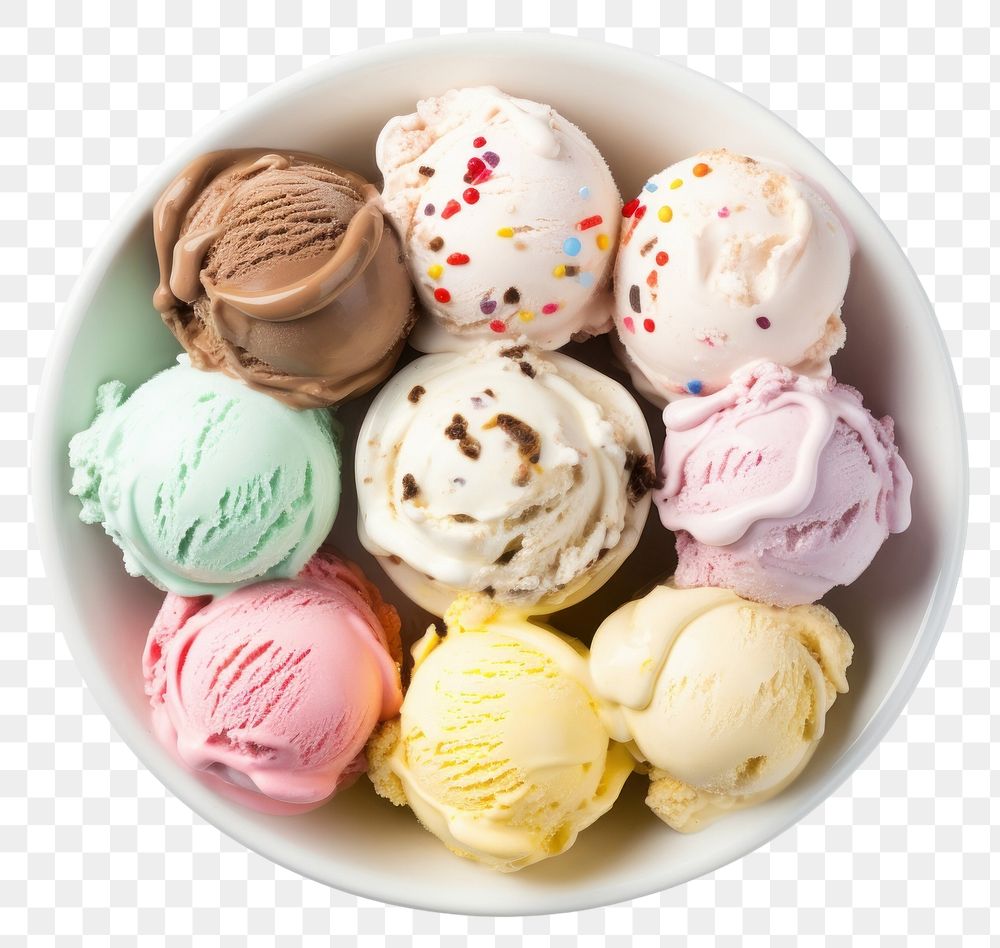 PNG Many ice cream flavour on a white bowl dessert food white background. AI generated Image by rawpixel.