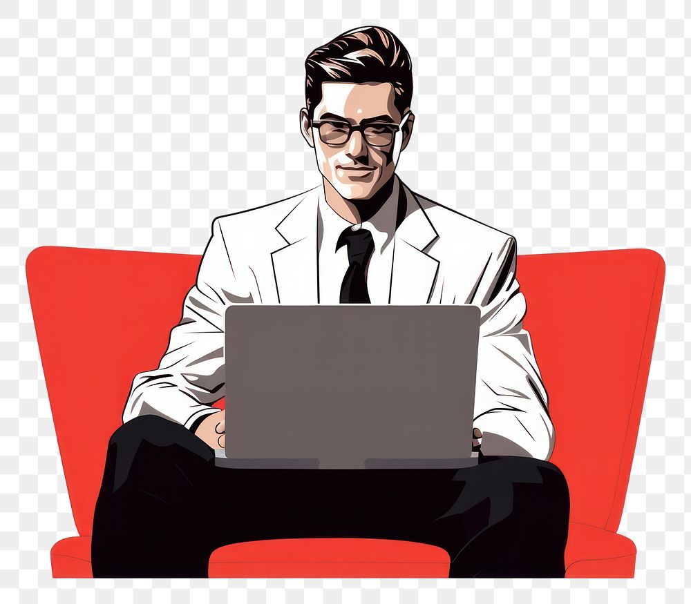 PNG Businessman with computer portrait glasses sitting. AI generated Image by rawpixel.