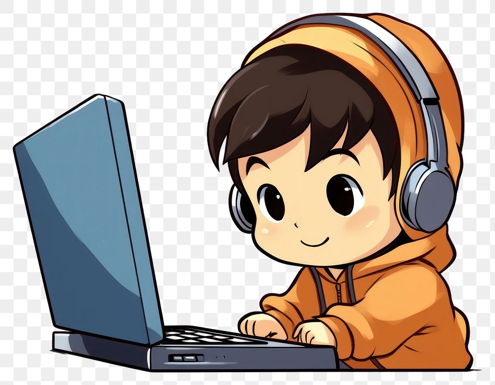 PNG Isolated a baby boy gamer playing computer game on his computer cartoon laptop portability. AI generated Image by…