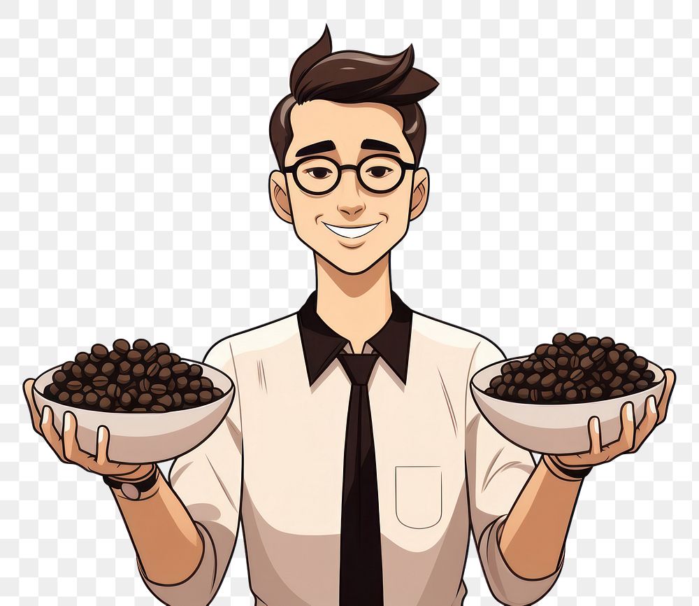 PNG Isolated a barista show coffee beans in his hands glasses cartoon adult. AI generated Image by rawpixel.