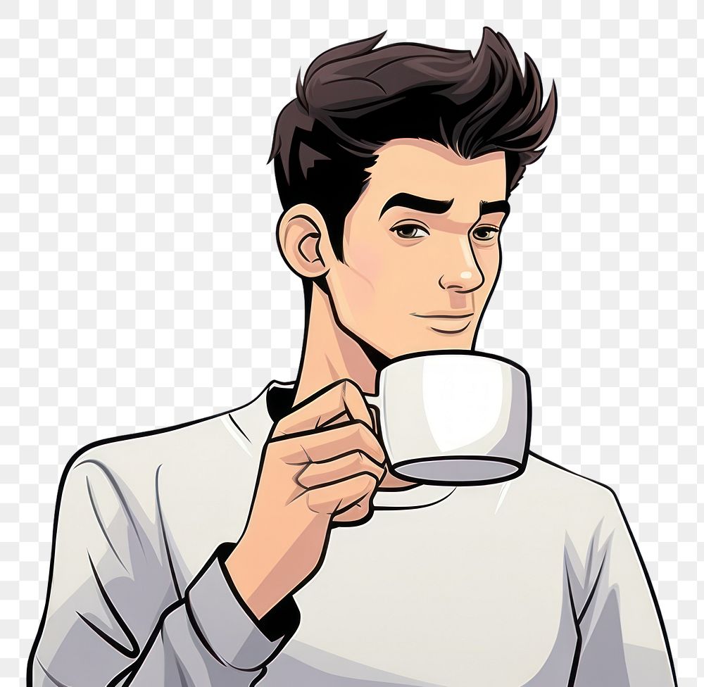 PNG Isolated a man drinking coffee cup drawing cartoon sketch. AI generated Image by rawpixel.