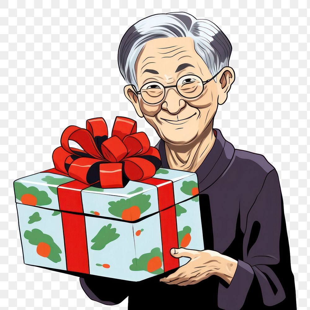 PNG Isolated a senior woman with the gift box glasses cartoon adult. AI generated Image by rawpixel.