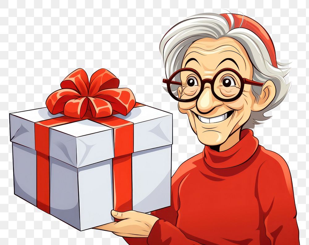 PNG Isolated a senior woman with the gift box cartoon celebration anniversary. AI generated Image by rawpixel.