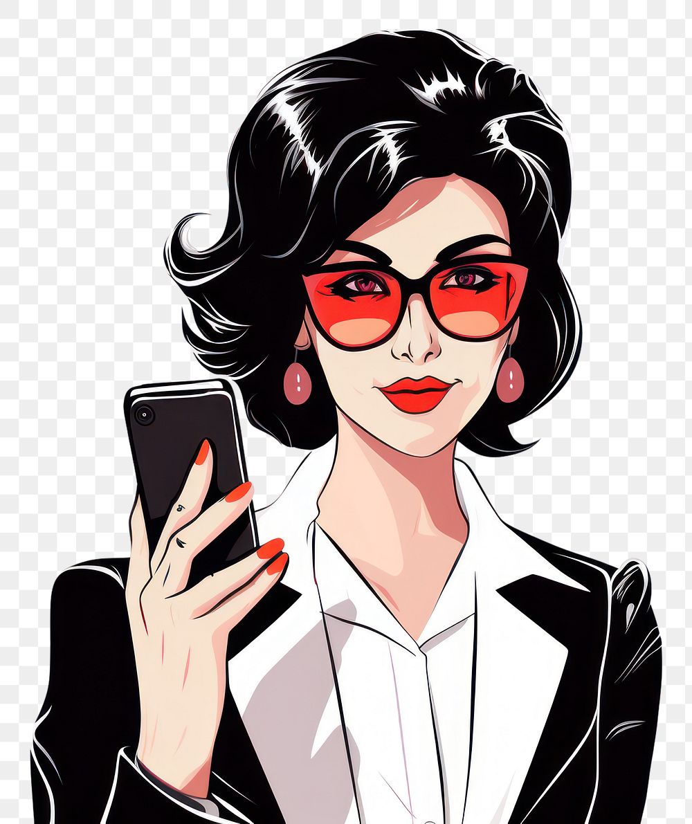 PNG Isolated businesswoman with mobile phone glasses cartoon drawing. AI generated Image by rawpixel.