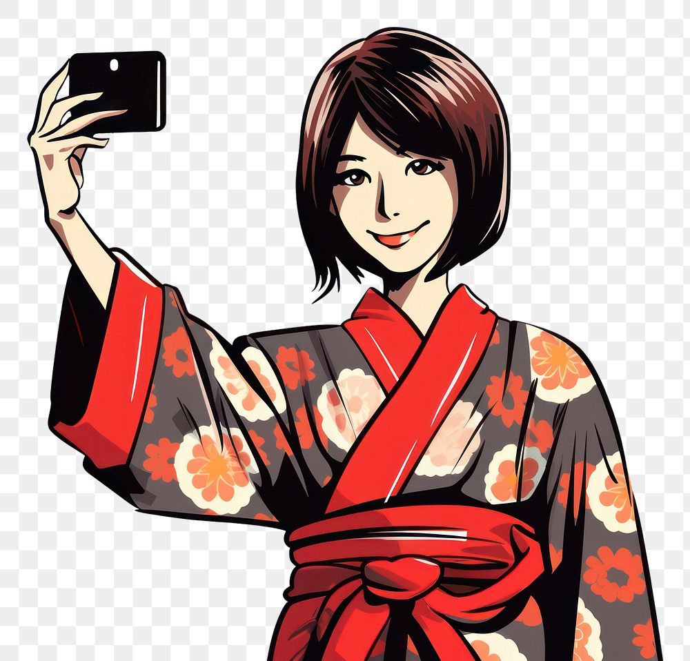 PNG Isolated woman in kimono selfie cartoon adult robe. AI generated Image by rawpixel.