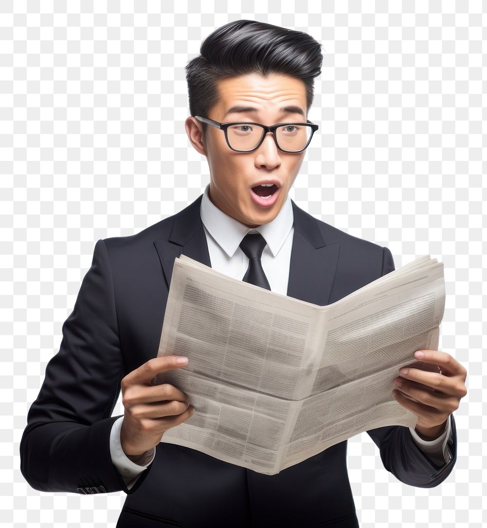 PNG Taiwanese businessman reporter reading the news adult white background publication. AI generated Image by rawpixel.