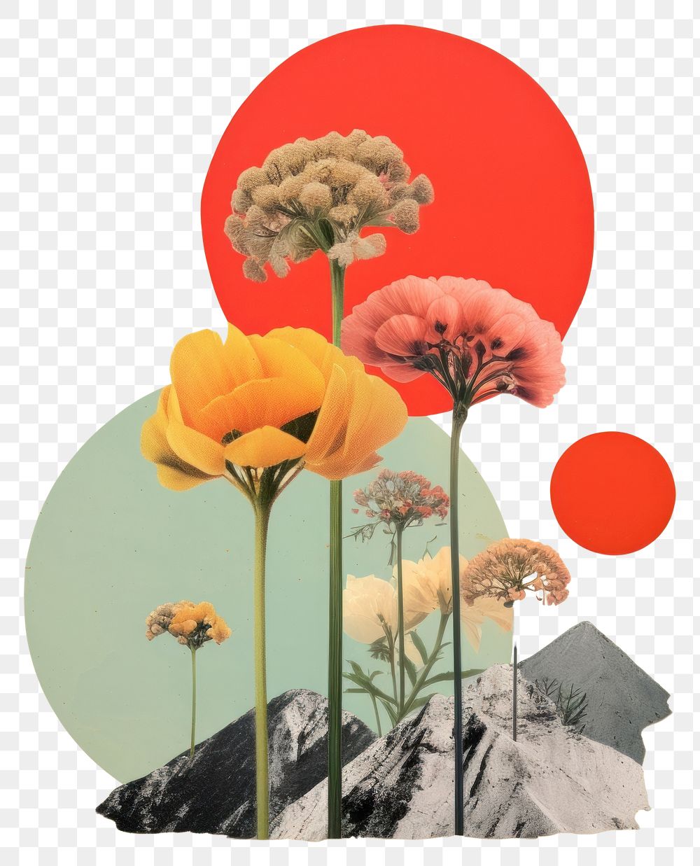 PNG Collage Retro dreamy of flower minimal painting plant art. AI generated Image by rawpixel.