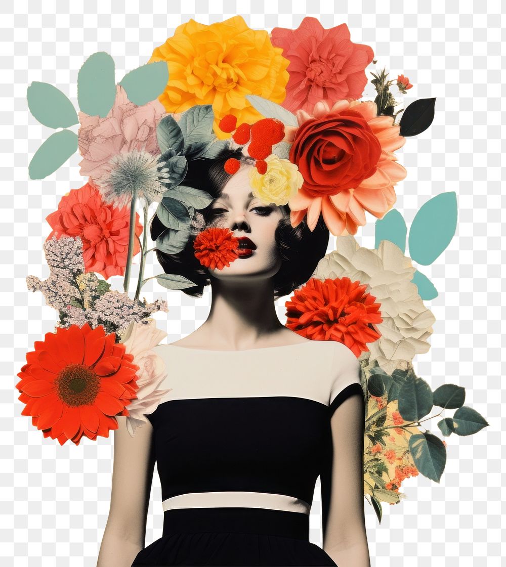 PNG Collage Retro dreamy of flower minimal painting portrait adult. AI generated Image by rawpixel.