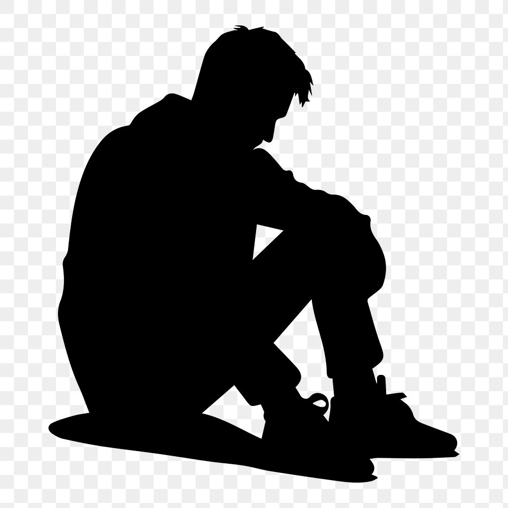 PNG  Sad person sitting silhouette footwear white