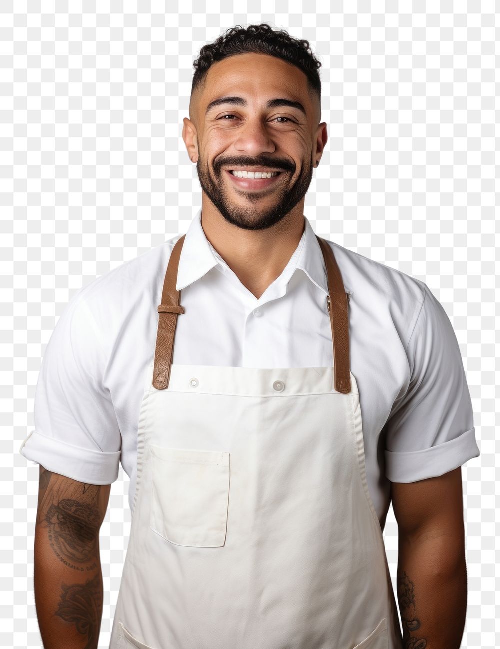 PNG A multiracial man wearing white linen shirt with a brown apron smiling adult smile. AI generated Image by rawpixel.