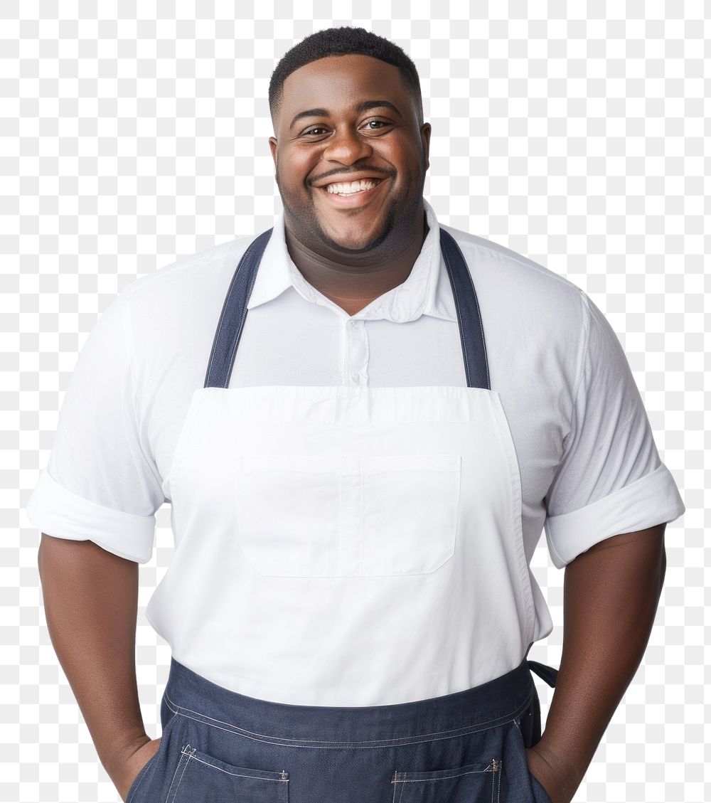 PNG A plus size multiracial man wearing white linen shirt with a black apron smiling adult white background. AI generated…