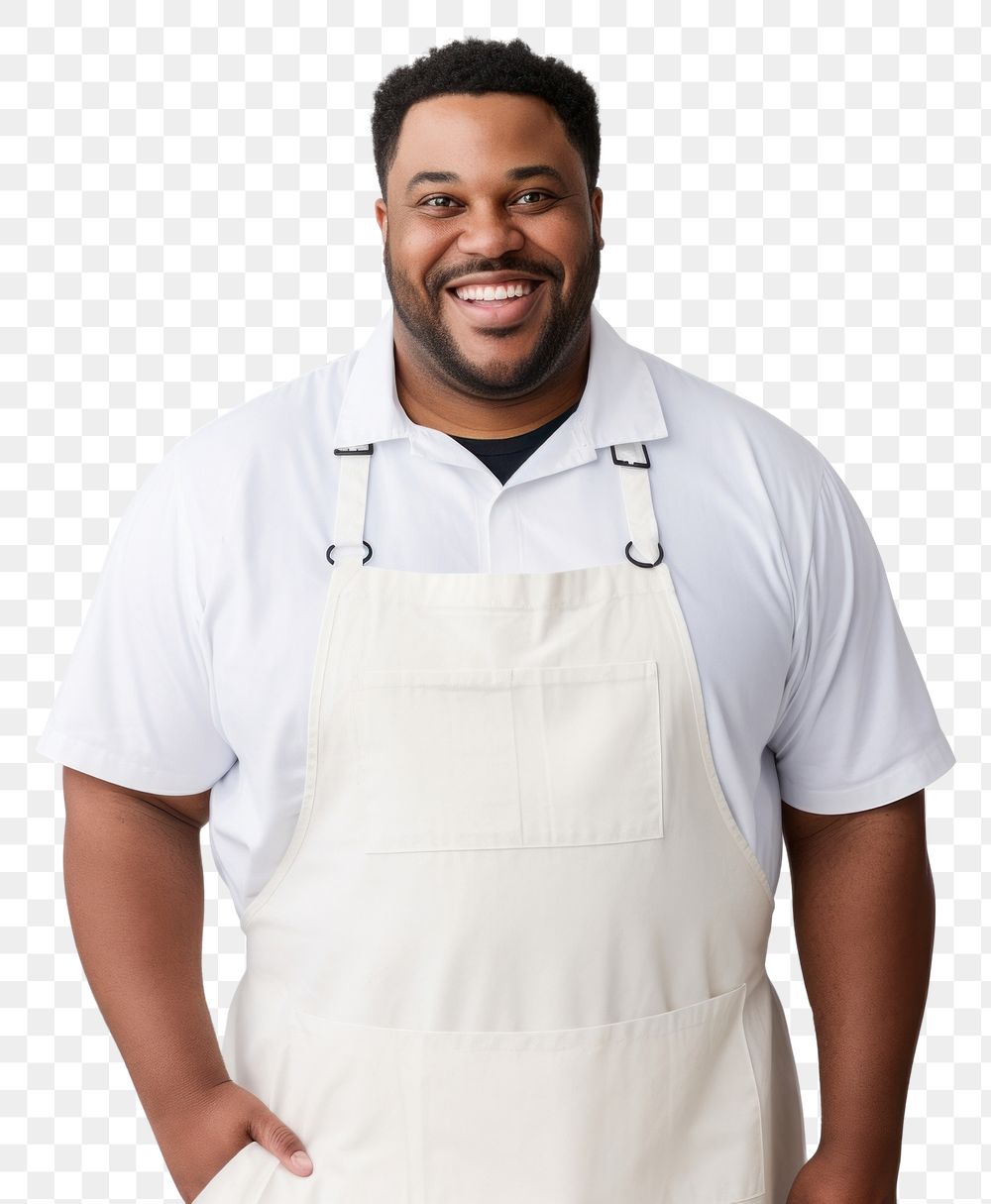 PNG A plus size multiracial man wearing white linen shirt with a black apron smiling adult white background