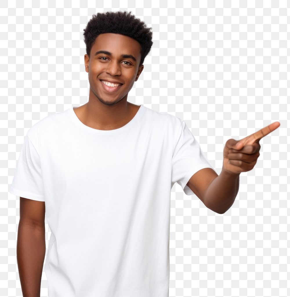 PNG Index finger on your white t-shirt standing pointing portrait. AI generated Image by rawpixel.