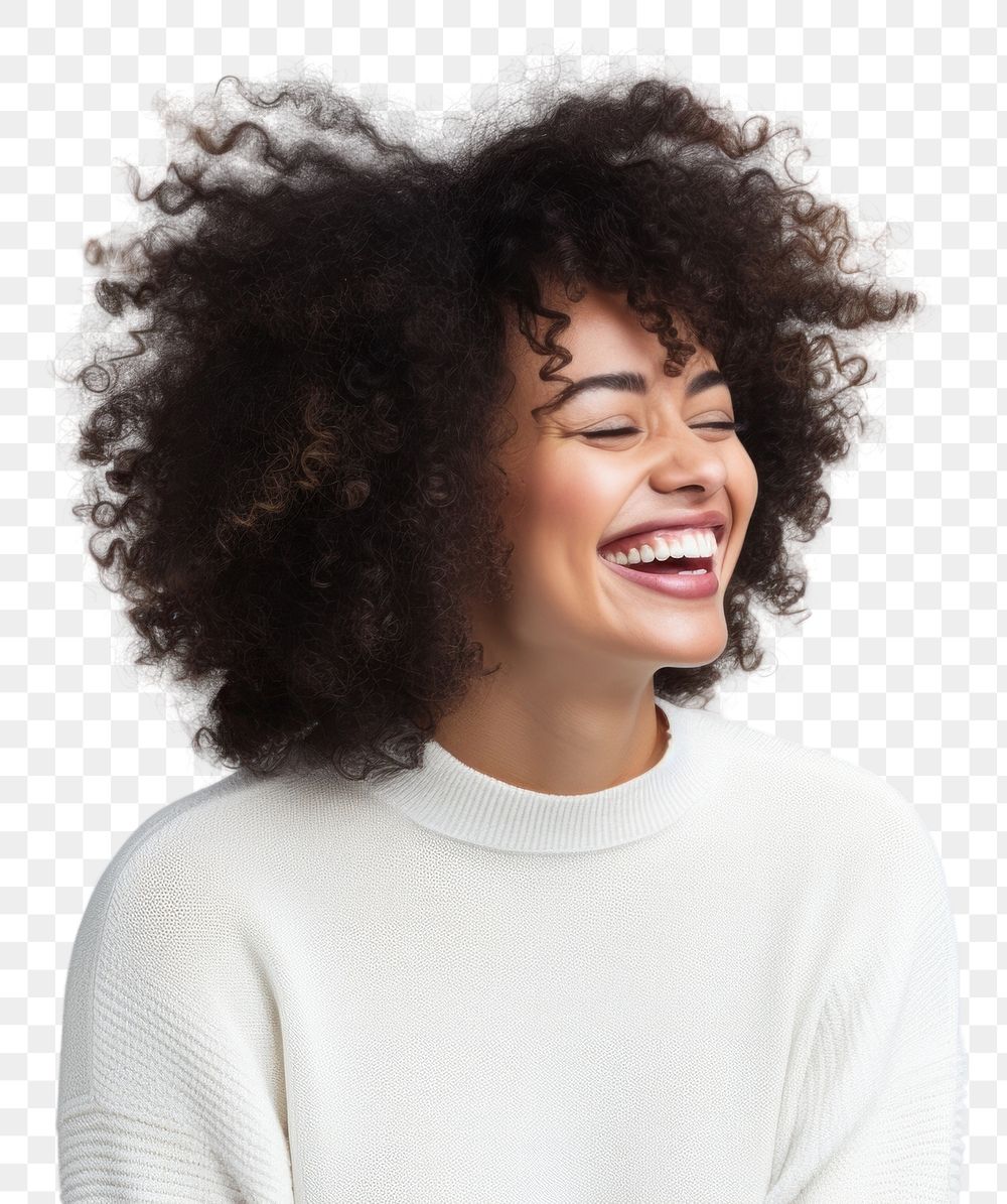 PNG Woman in white sweaater laughing smile adult. AI generated Image by rawpixel.