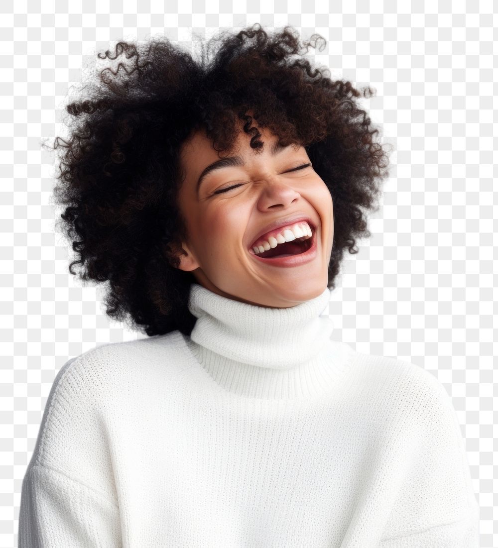 PNG Woman in white sweaater laughing sweater adult. AI generated Image by rawpixel.