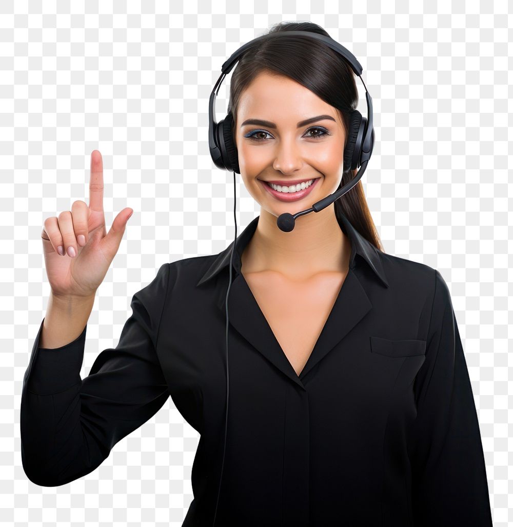 PNG A female customer service worker wearing a headset hand headphones gesturing. 