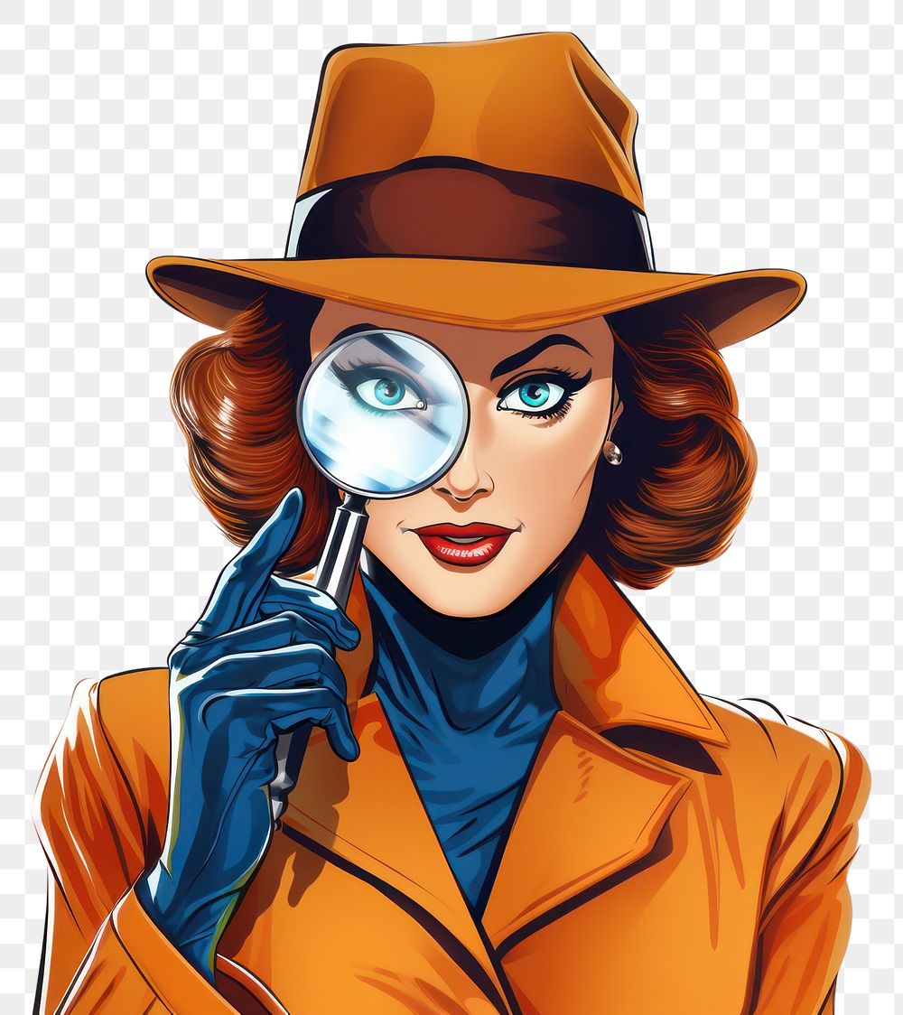 PNG Detective woman holding a magnifying glass portrait comics adult. AI generated Image by rawpixel.