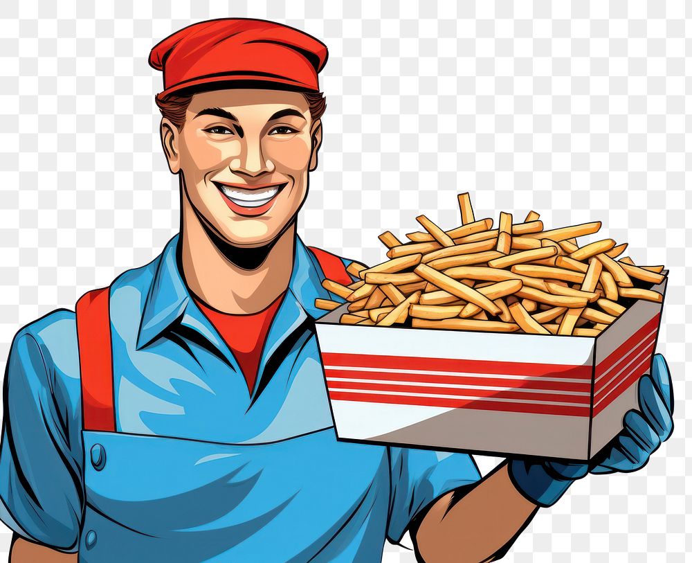 PNG Fast food worker holding a box full of french fries adult happiness freshness. AI generated Image by rawpixel.