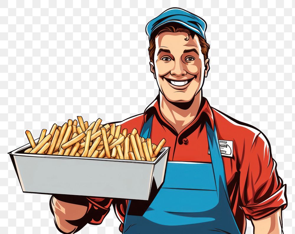 PNG Fast food worker holding a box full of french fries adult freshness happiness. AI generated Image by rawpixel.