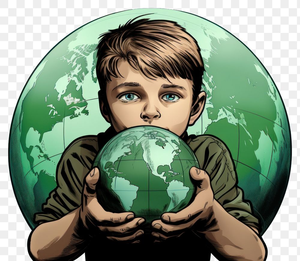PNG  A little boy hugging a green globe sphere planet photography. AI generated Image by rawpixel.