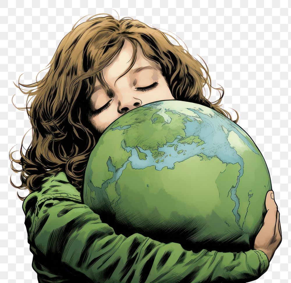 PNG  A little girl hugging a green globe planet space adult. AI generated Image by rawpixel.