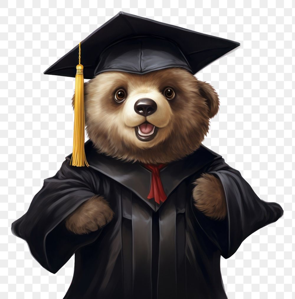 PNG Cute grizzly bear wearing black graduation regalia gown portrait cartoon representation. AI generated Image by rawpixel.